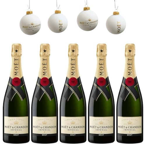 Exklusives Festtagspaket: 5 Flaschen Moët & Chandon Brut Champagne mit 4 limitierten Weihnachtskugeln