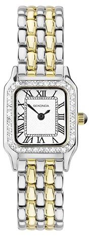 Sekonda Monica Damen-Armbanduhr mit römischen Ziffern, analoges Display, 20 mm, Armband aus Legierung, Weiß, Glitzerndes Gold, zwei Töne, Klassisch