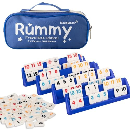 Doublefan Mini Rummy Set, Rummy-Spiel in Reisegröße mit strapazierfähiger Segeltuchtasche, klassisches Rummy-Spiel für Erwachsene und Kinder, 160 Steine, 6 Spielständer, 1 Würfel (2-6 Spieler)