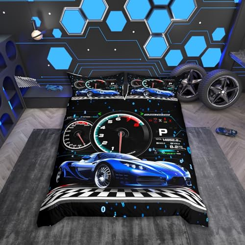 Homemissing Sportwagen Bettwäsche Set 135x200cm Blau Rennwagen Bettbezug Set für Jungen Mädchen Racing Auto Bettwäsche-Set Speed Sports Auto Bettbezug Dekorative, 1 Kissenbezug 80 x 80 cm