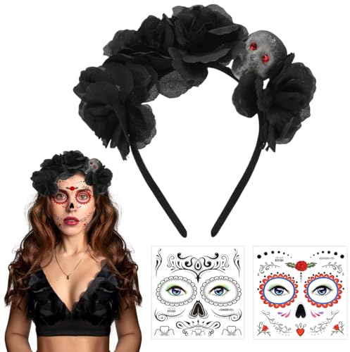 Meleager Rosen Totenkopf Haarreif, Dia de Muertos Haarreif, Halloween Kopfschmuck Damen mit Schädel und Blume, Temporäres Gesichtstattoo, für Tag der Toten, Halloween, Karneval