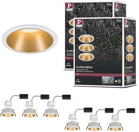 Paulmann 5238 LED Einbauleuchte 3-Step-Dim Cole Coin 6er-Set IP44 rund 88 mm Coin 6x6W 6x460lm 230V dimmbar 2700K Weiß, Gold matt