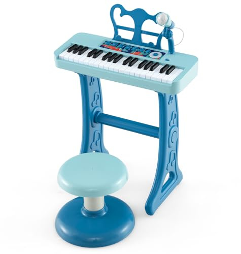 GYMAX Pianoforte Elettronico per Bambini a 37 Tasti, Pianoforte Giocatto con 22 Demo, 4 Suoni e 4 Ritmi, Giocattolo Pianoforte Educativo con Microfono Regolabile e 12 Strumenti e 22 Musiche (Blu)