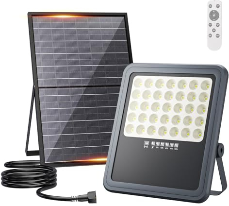 HOOLED Foco proyector LED solar, batería de gran capacidad de 18000 mAh, IP65 impermeable, 6500 K, luces solares de exterior con mando a distancia (función temporizador) y sensor crepuscular