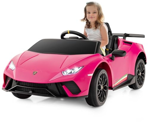 GOPLUS Elektrisk bil Lamborghini, 12 V barnbil med fjärrkontroll och LED-lampor och musik, tuta USB, 3-växlad elfordon 3–5 km/h för barn från 3–8 år (rosa)