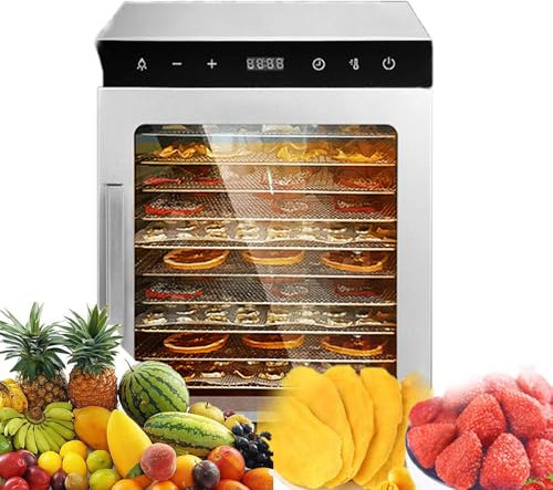 Mcamgiczin Deshidratador de Alimentos con 10 Bandejas de Acero Inoxidable Deshidratador con Temperatura Regulable 30-90°C Deshidratadoras de Carne, Setas y Fruta con Timer 24h 800W Desidratadoras