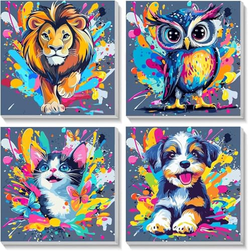 SUNXBUK Pintar por Numeros Animales,4 Pcs Pintura por Numeros con Marco Adultos Niños Kit,Cuadros para Pintar por Numeros,DIY Cuadro Artesanías de Arte con Pinceles(20 * 20cm)