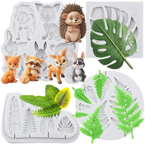 Sijiangmold Tropical Leaf Silicone Moulds Bear Deer Fondant Mould Set of 4 | Fern Fox Squirrel Cake Decoration Chocolate Candy Cupcake Topper Candy Polymer Clay Gum Paste