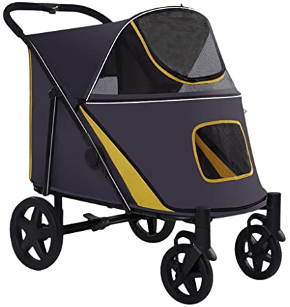 Luxuriöser großer Hundebuggy für große Hunde, hochwertiger Haustier-Kinderwagen mit 4 Rädern, für Katzen, Hunde und mehr, faltbarer Transportwagen (gelb)
