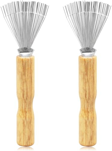 Juego de 2 mini cepillos de pelo con mango de madera y rastrillo de alambre de metal, limpiador de peine portátil