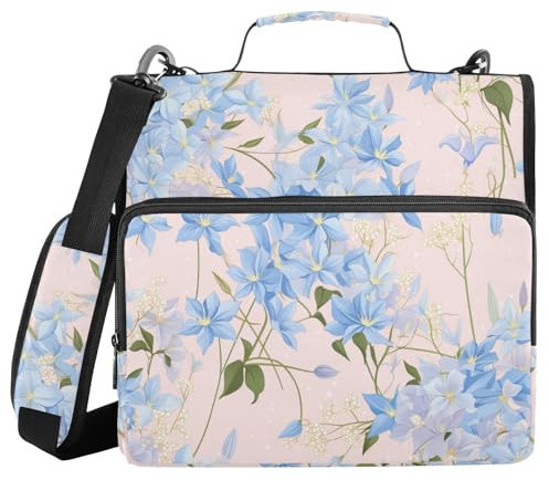 Blue Clematis Flowers 3 Rings 1.5 inch Binder Zipper with Handle and Removable Shoulder Strap Waterproof Portfolios Portfolio Organizer for School and Office