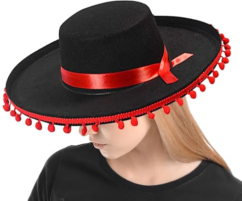 Furtryvl Mexikanischer Sombrero Hut, Dress Up America Sombrero Hut für Erwachsene, breite Krempe, Cosplay Kostüm mit Pompons, spanisches Outfit Zubehör für Männer, Frauen & Festival