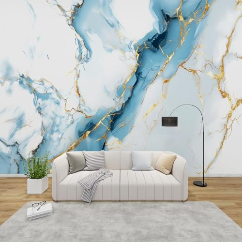 GEDAEUBA Papier Peint Panoramique Marbre Bleu Blanc Or, Papier Peint Intissé Motif Abstrait Moderne, Tapisserie Panoramique Salon, Décoration Murale Chambre, 350x256 cm