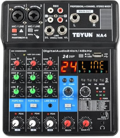 Table Mixage, Console de mixage sonore professionnelle à 4 canaux Mini mixeur Carte son Entrée ordinateur Alimentation 48 V USB Enregistrement informatique NA4