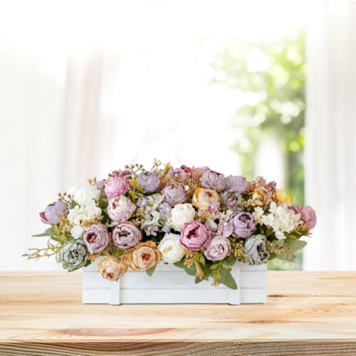 JOYWU Artificial Flower Plants in Picket Fence Pot,33 x 15cm Small Size Mixed Color Daisies in White Picket Pot,Colorful Potted Daisy Flowers for Spring Summer Decor,Wedding Decor (Peony-multicolor)