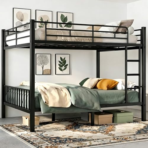 Mixcous Queen Over Queen Bunk Bed for Adults & Teens, Heavy Duty Metal Bunk Bed with EVA Anti-Slip Ladder & Full-Length Guardrails, Noise-Free Queen Bunk Bed Frame with Under-Bed Storage, Black