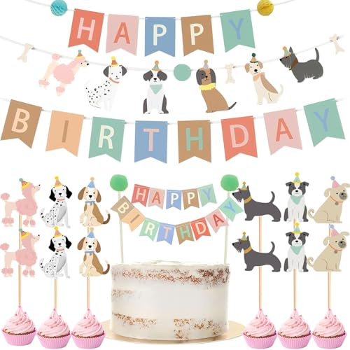 Denipry 15PCS Dog Party Birthday Decorations Set Colorful Dog Themed Happy Birthday Banner, Garland and Cupcake Toppers Puppy Birthday Party Accessories Supplies for Toddler