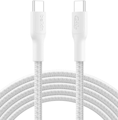 Belkin Eco Braided USB-C to USB-C Cable (3M, 240W) - Soft, Flexible Fast-Charging Cable, Type C Charger Cord for iPhone 16, Galaxy S25, Pixel 9, MacBook, iPad Pro, & More - White (USB 2.0)