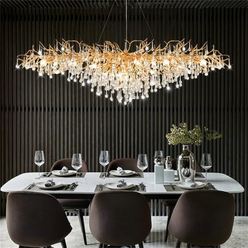 Leomix Moderner Rechteckiger Kristall-Baumzweig-Kronleuchter, L120cm Große Goldene Lineare Rechteckige Pendelleuchte Für Den Innenbereich Für Kücheninsel, Foyer, Wohnzimmer und Esszimmer, 12 Lichter