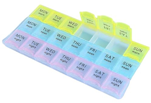 Organizer settimanale per pillole con 21 scomparti, 3 volte al giorno, in inglese, con coperchio, portatile, a prova di umidità e polvere, contenitore per pillole per casa, viaggio