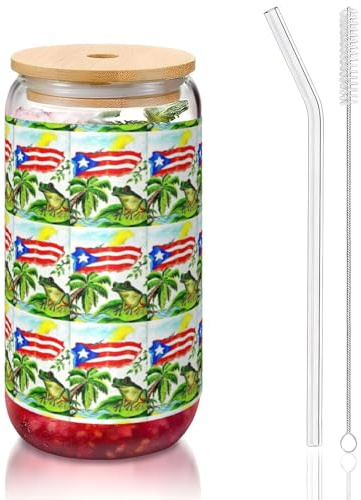 YBGHDAA 1 verre avec couvercles et paille - Motif drapeau de Porto Rico - Motif grenouille et palmiers - 473 ml - Idéal pour le whisky, la bière, le thé