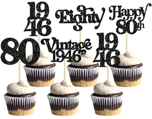 Gyufise 30Pcs 80th Birthday Cupcake Toppers Glitter Vintage 1946 Cheers to 80 Fabulous Eighty Cupcake Picks 80th Birthday Wedding Anniversary Party Cake Decorations Supplies Black