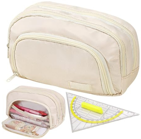 Federmäppchen Große Kapazität 22x9x12cm,Schulmäppchen Teenager mit 3 Schichten Und Geodreieck, Federtasche Erwachsene Beige, Etui Aesthetic, für Schule, BüRo, Mädchen, Jungen, Männer und Frauen