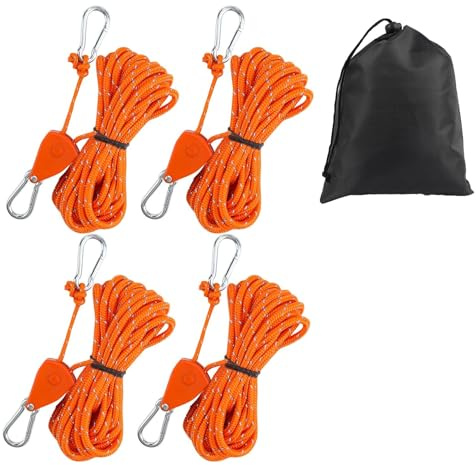 LIULINY 4 Piezas Trinquete de Cuerda Reflectantes, 4 m Tensor Cuerda Ajustable con Bolsa de Almacenamiento, Tensor de Polea Autoblocante para Toldo Camping Tendedero (Naranja)