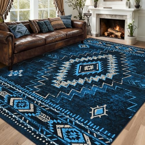 Alishomtll Area Rugs for Living Room, Blue Modern Geometric Rug 160x230 cm | Washable Non-Slip Large Rugs, Super Soft Faux Wool Bedroom Rug, Short Pile Non Shedding Floor Carpets Easy to Clean