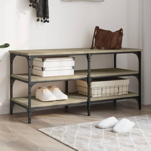 Fangmaliuyun Schuhbank Sonoma Eiche 100×38,5×49 cm 3 Ablagen Metallrahmen 110 kg verstellbare Füße Flur Sitzbank