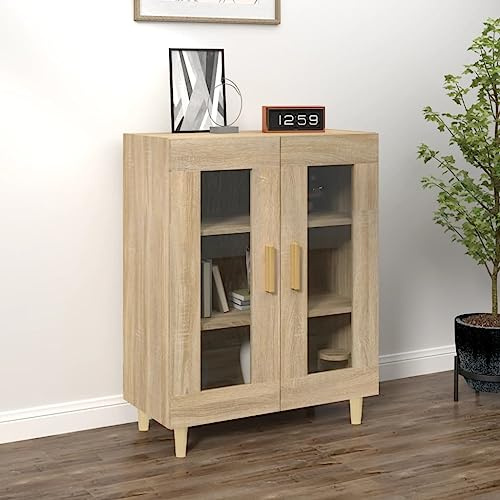 QJBSAVVA Sideboard Storage Cabinet 69.5x34x90 cm Sonoma Oak Engineered Wood with 2 Glass Doors for Living Room Kitchen Corridor Bedroom