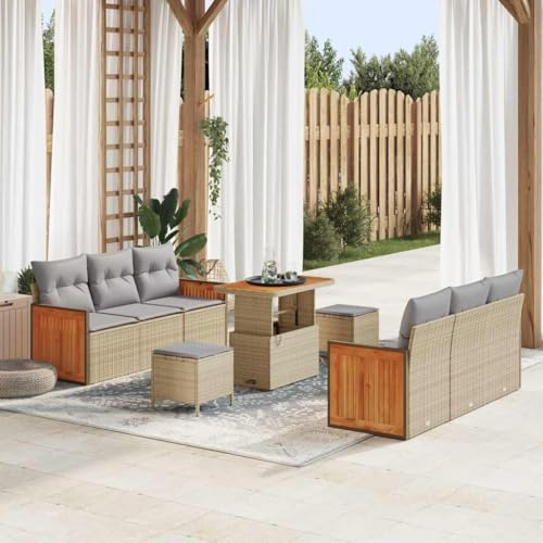Bucmath Garten-Sofa-Set 9-teilig, Beige Poly-Rattan, Modulares Outdoor Loungeset für Terrasse, UV-beständig, Akazienholz-Basis, Langlebig