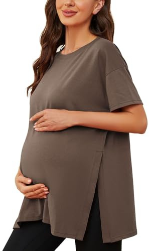 ZTFYKLIN Top Fiesta Mujer Camisas De Maternidad Casuales para Mujer, Blusas con Abertura Lateral, Manga Corta, Holgada (Brown, S) Camisa Negra Transparente Camiseta Verde Larga Elegante Interior