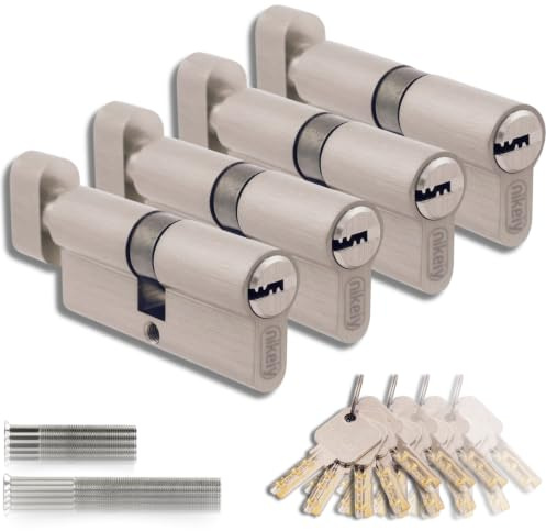 Lot de 4 Cylindres de Serrure en Laiton 45/45 mm avec Bouton, Vis et Clés incluses, Montage facile pour Portes et Garages, Clé unique, Longueur 90 mm
