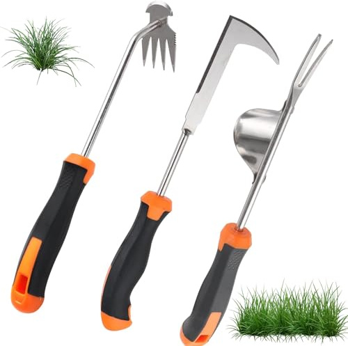 Lansls Set De 3 Piezas Desherbador Manual De Acero Inoxidable, Extractor De Malas Hierbas con Mango De Goma, Herramienta Multifuncional De Jardín para Desherbar, Plantar y Excavar, Fácil De Almacenar