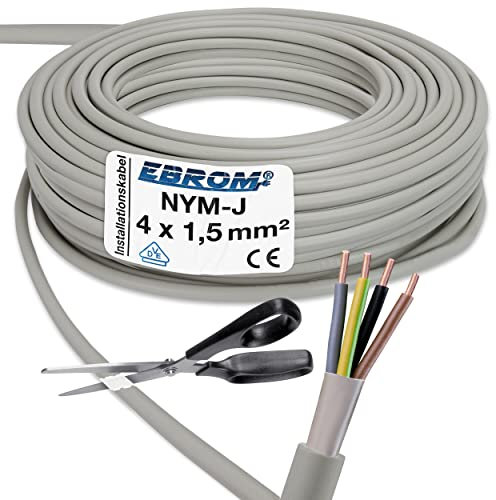 Installationskabel NYM-J 4x1,5 mm² - Kunststoff Installationsleitung - 15m / 15 m / 15 meter -PVC - grau