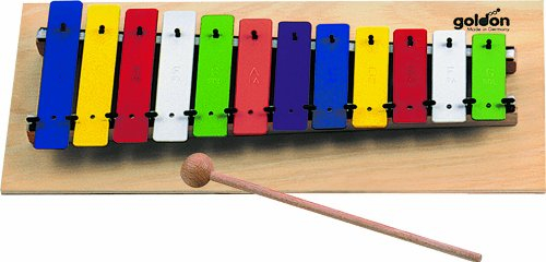 Goldon - Metallophon 12 bunte Klangplatten, c''' - g'''', zzgl. 3 Halbtöne, auf Holzbrett, im Geschenkkarton