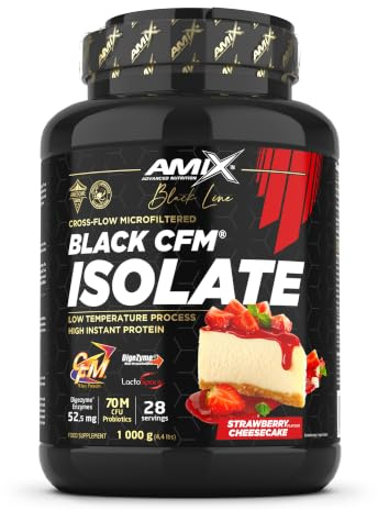 Amix | Proteína BLACK CFM ISOLATE - Ayuda a Mantener la Masa Muscular - Con Enzimas Digestivas - Fácil Digestión - Rápida Absorción - Proteína en Polvo - 1 Kg - Sabor Fresa-tarta de queso
