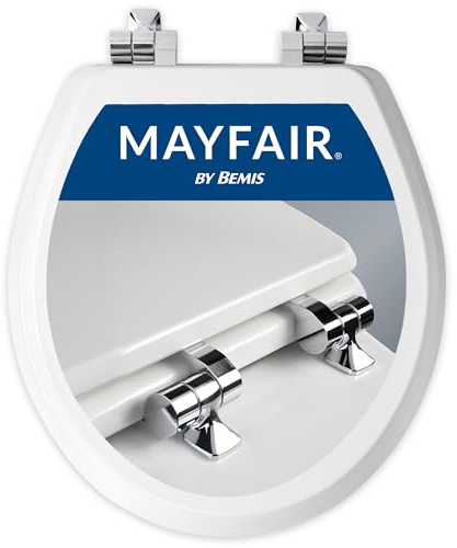 Mayfair Bennett Toilet Seat with Chrome Hinges, Slow Close Wood Seat, Secure Metal Hinges, Easy Install, Made in USA, Round, White