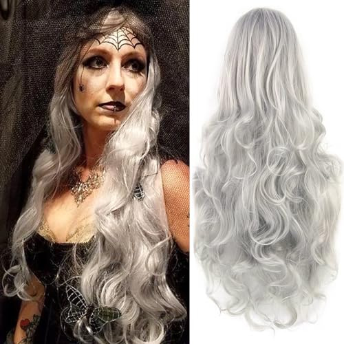Colorfulpanda lange perücke silber grau für frauen,volles haar mit pony lange lockige gewellte cosplay perücke für mädchen kinder kostüm party Halloween Perücke