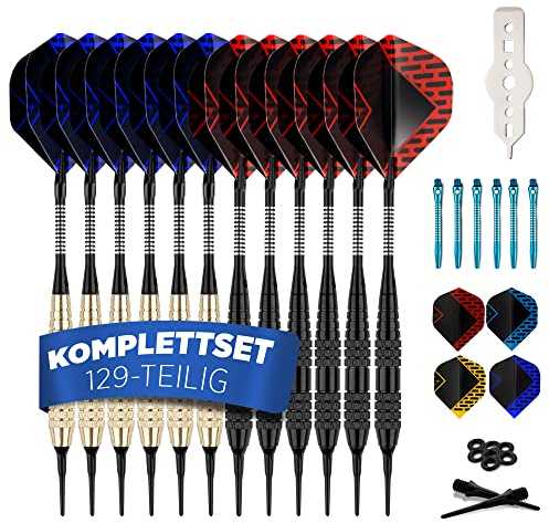 DartPro Dartpfeile mit Kunststoffspitze – 12 Dartpfeile für elektronische Dartscheibe [18g] – Softdarts Set [inkl. 6 Alu Dart Schaft + 21 Dart Flights]