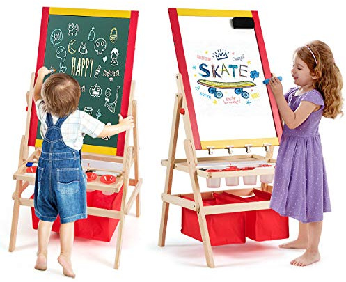 HONEY JOY Easel for Kids, Wooden Double-Sided Standing Toddler Easel w/Magnetic Chalkboard & White Board, Paper Roll, Painting Accessories, Magnetic Alphabet, Art Easel for Boys and Girls, Red