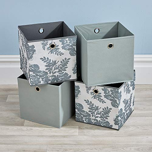 Home Source Cube Storage Boxes, Collapsible Fabric Storage Baskets, Foldable Canvas Organising Boxes, 4 Piece, Grey