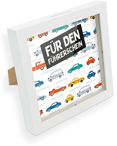 itenga Bilderrahmen Spardose – Geldgeschenk Rahmen mit Schlitz – Sparrahmen mit Umschlag – kreative Geschenkidee für Verschiedene Anlässe 20x20cm (Motiv Führerschein)