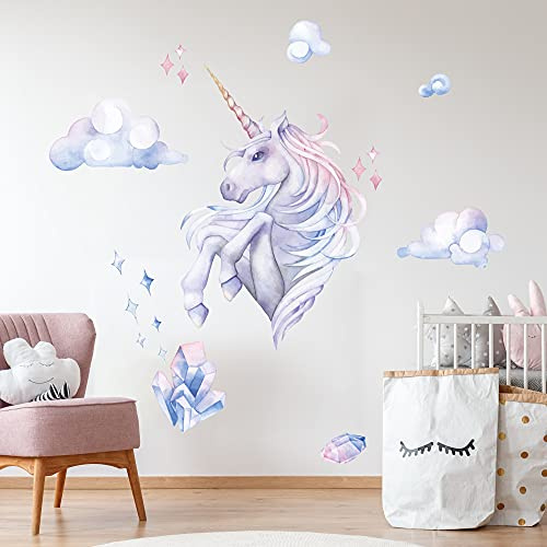 Einhorn mit Wolken Wandtattoo V274 | handgezeichnet | AUFKLEBER Kindergarten | Wandsticker Kinderzimmer Unicorn mit Wolken Lila Wolke (100 x100 cm)