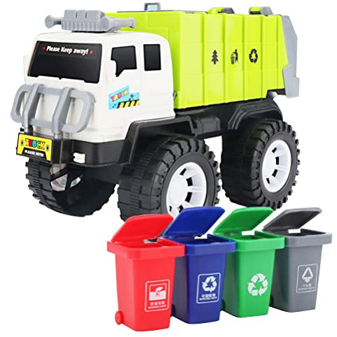 HUSHUI Müllwagen Spielzeug, Müllwagen mit 4 Mülleimer Kinder Sanitärwagen Auto Müllwagen Spielset Spielzeugfahrzeuge Set Urlaub Geburtstagsgeschenk