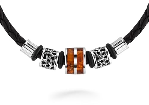 STERLL Collar Para Hombre Con Colgante De Ámbar Negro Y Detalles En Plata 925