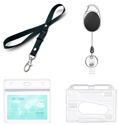 Einziehbarer Schlüsselband, 1 Set beinhaltet – Lanyard mit kartenhülle, Ausweishalter, Rollenclip, Durchsichtige Ausweishalter und Wasserdichte Ausweishüllen, für Ausweisclip, Kreditkarten (1 Set)