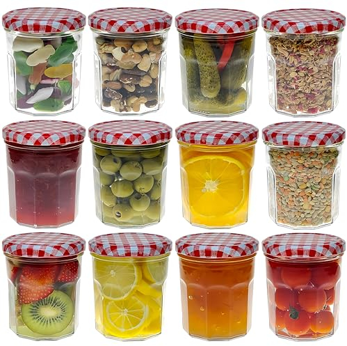 COS 12 X Glass Pot Menage Jar 324ml | Jam Jars | Set of 12 | Wide Mouth Glass Preserve Pots | Screw Top Red Gingham Lids | Airtight Pickle Jars | Homemade Jam, Marmalade & Chutney Jar