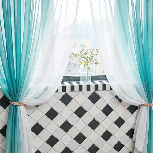 Melodieux Ombre Gardinen Wohnzimmer Blau Grün 225x140cm (Türkis, 2er Set) | Voile Vorhänge mit Kräuselband 225x140cm, Transparent Vorhänge für Wohnzimmer, Schlafzimmer, Kinderzimmer, Fenster